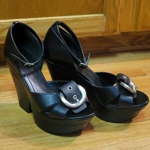 Colin Stuart Black Platform Sandals with Silver Buckle